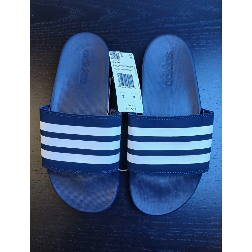 Adidas Adilette Comfort Slides Navy Blue White Mens 7 Womens 8 KJ0285 Sandal